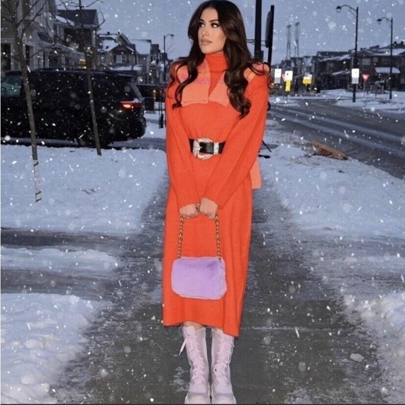 ZARA Oversized Knit Turtleneck Sweater Midi Dress Orange M - Picture 14 of 15